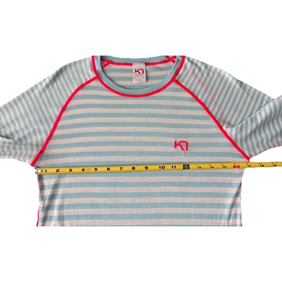 Kari Traa Smale T-Shirt 100% Wool Baselayer Tee Women's L Aqua White Striped - Picture 10 of 11